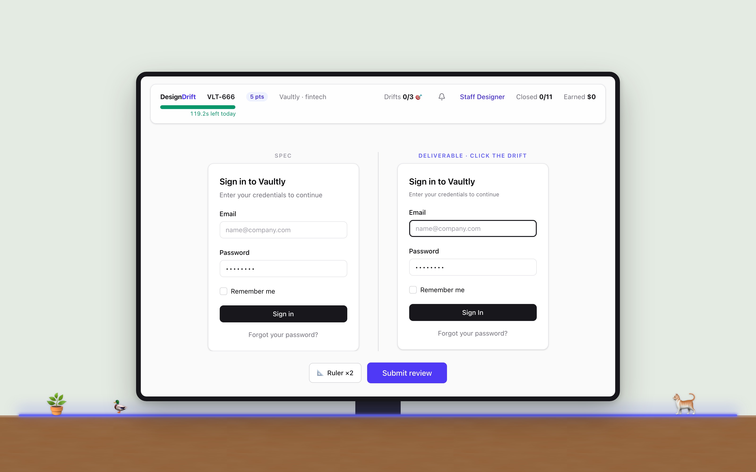 DesignDrift gameplay: a spec and a deliverable of the same sign-in card side by side on a monitor, at a desk with a plant and a cat