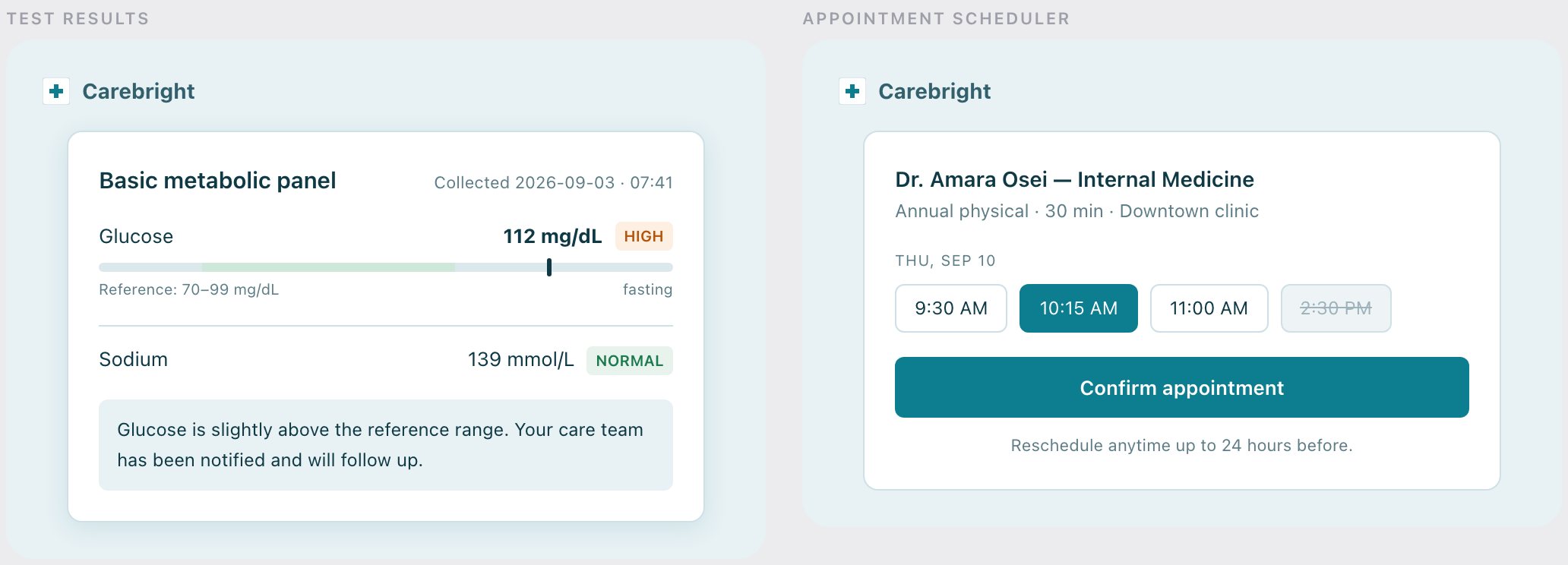 Carebright product screens as they appear in the game