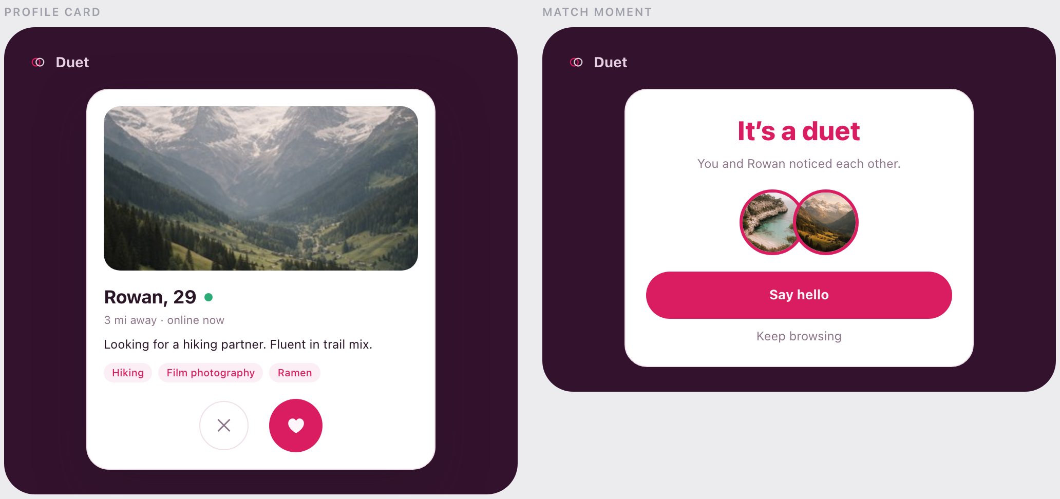Duet product screens as they appear in the game