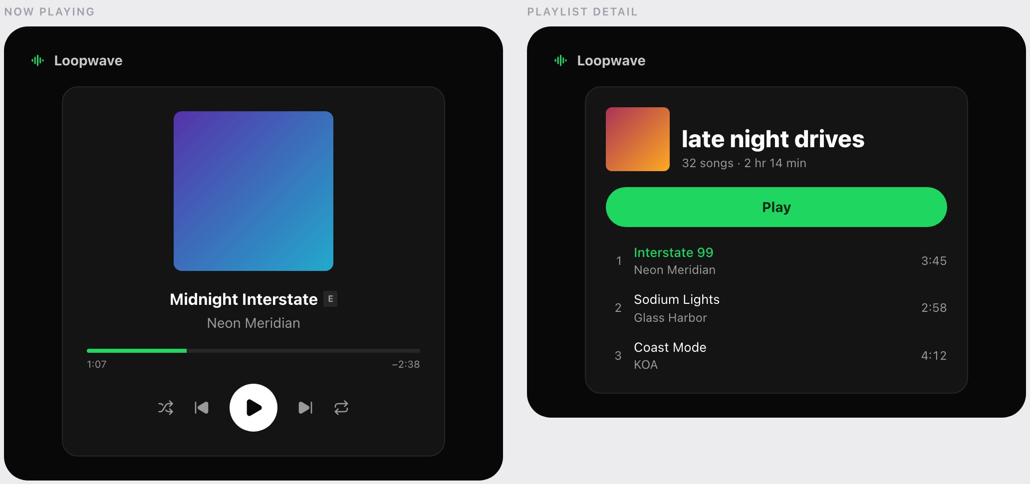 Loopwave product screens as they appear in the game